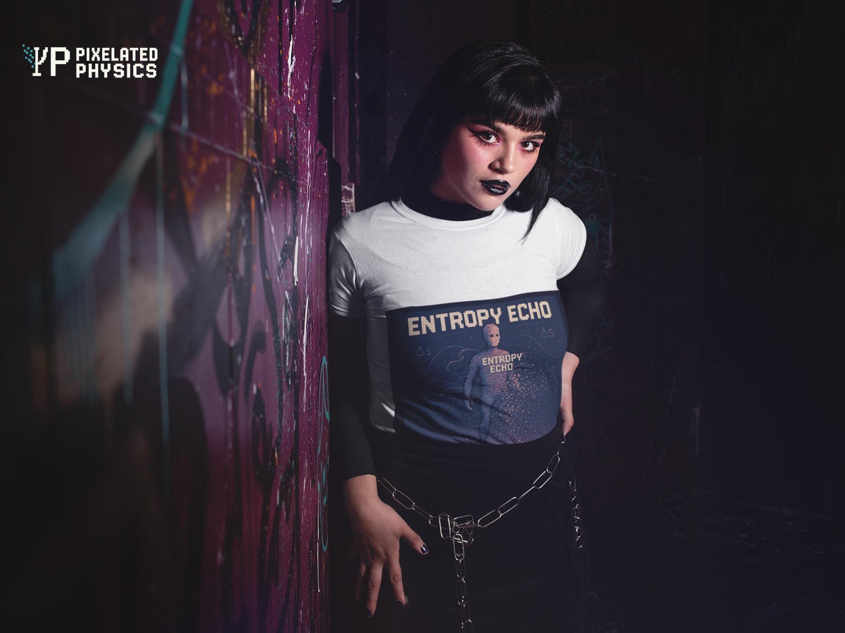 White Entropy Echo physics T-shirt, pixel-art heat death design, worn by a woman