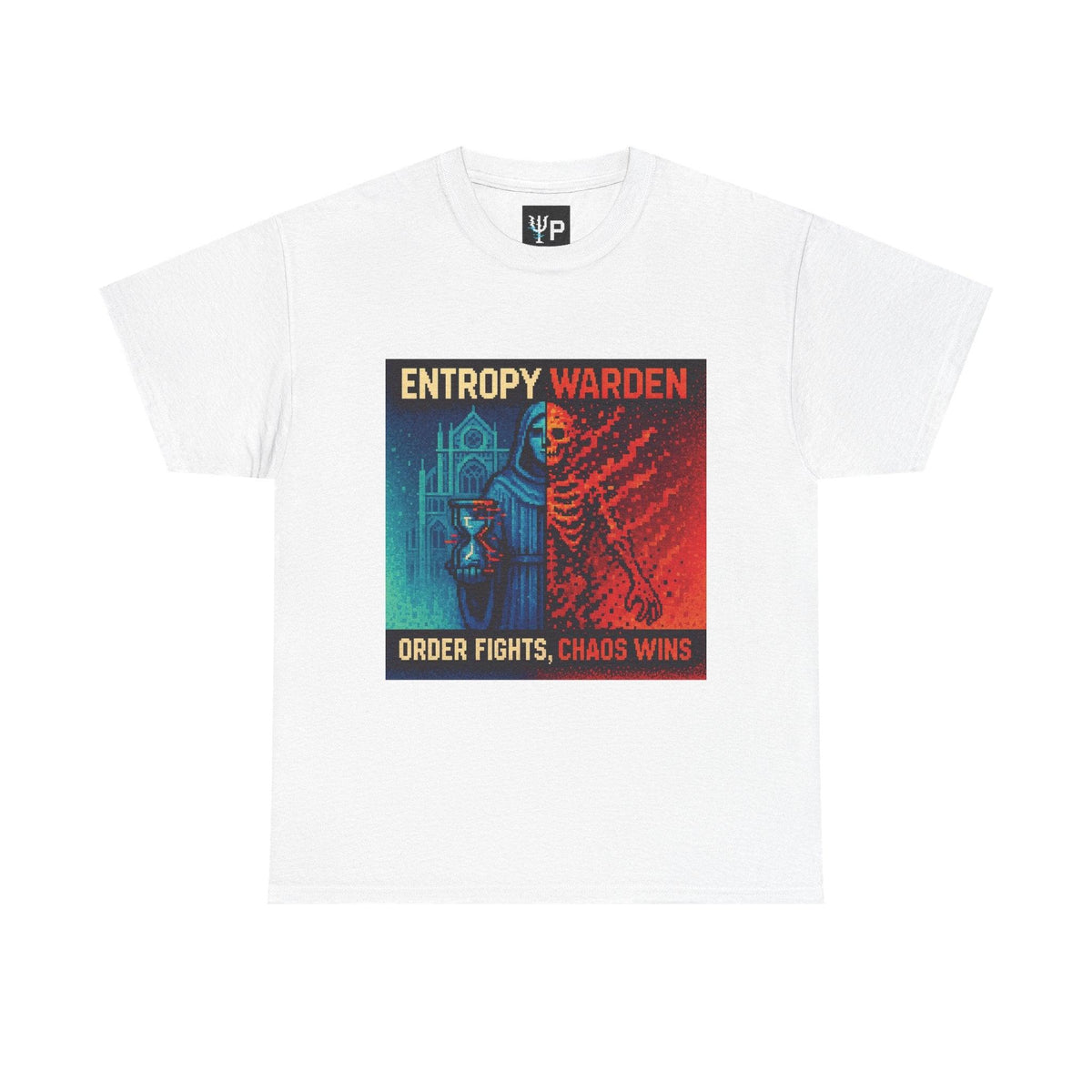 White Entropy Warden physics T-shirt, pixel-art second law of thermodynamics design, front view