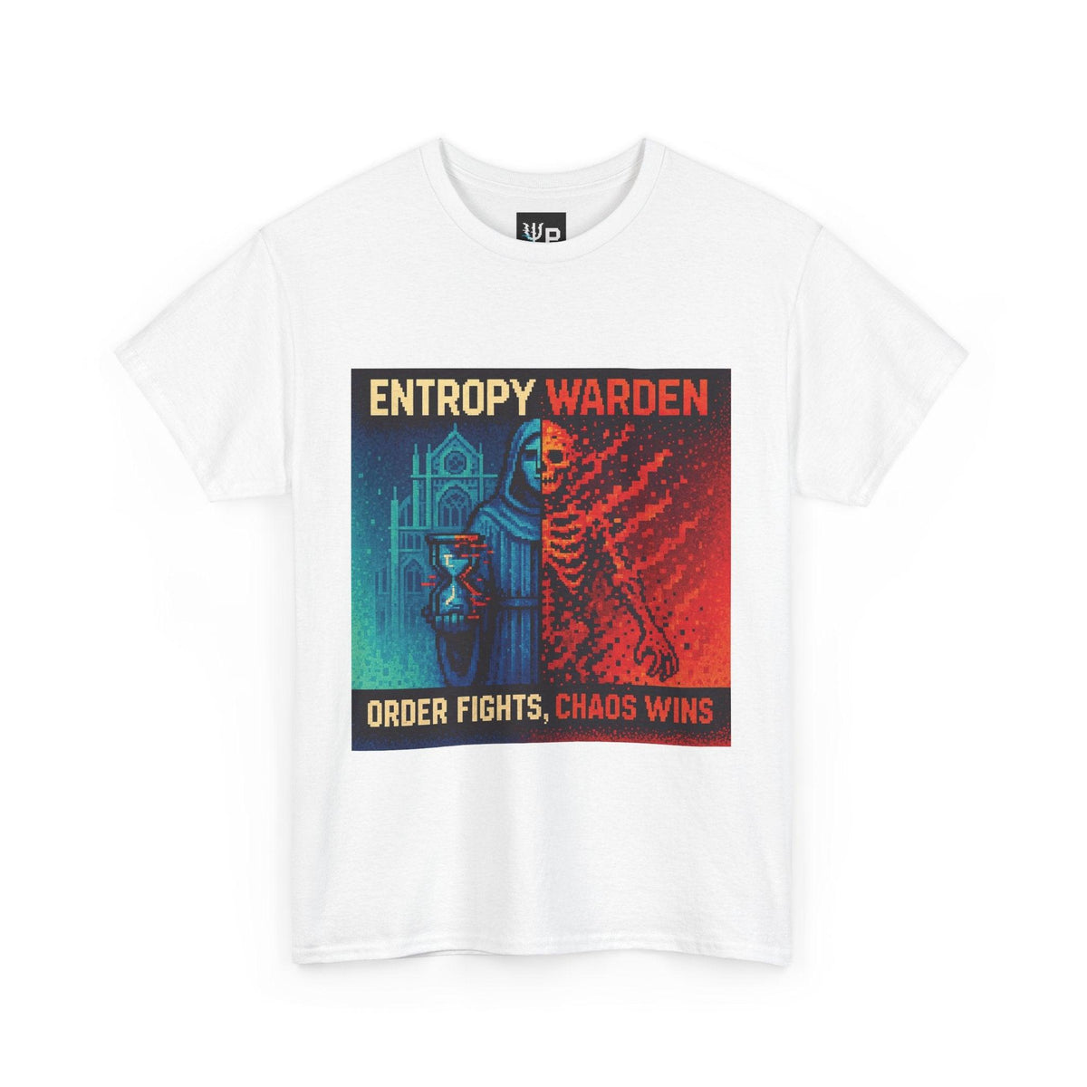 White Entropy Warden physics T-shirt, pixel-art second law of thermodynamics design, front view