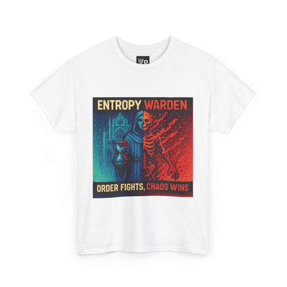 White Entropy Warden physics T-shirt, pixel-art second law of thermodynamics design, front view