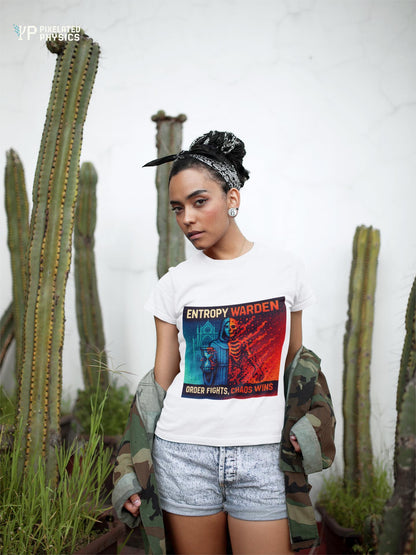 White Entropy Warden physics T-shirt, pixel-art second law of thermodynamics design, worn by a woman