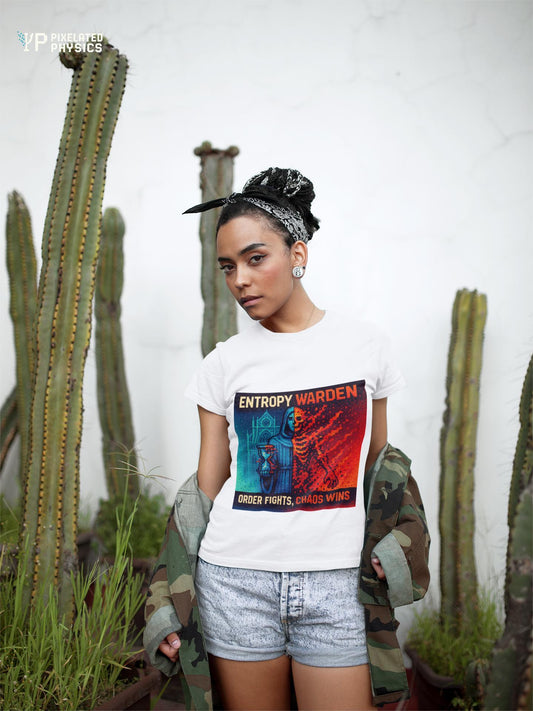 White Entropy Warden physics T-shirt, pixel-art second law of thermodynamics design, worn by a woman