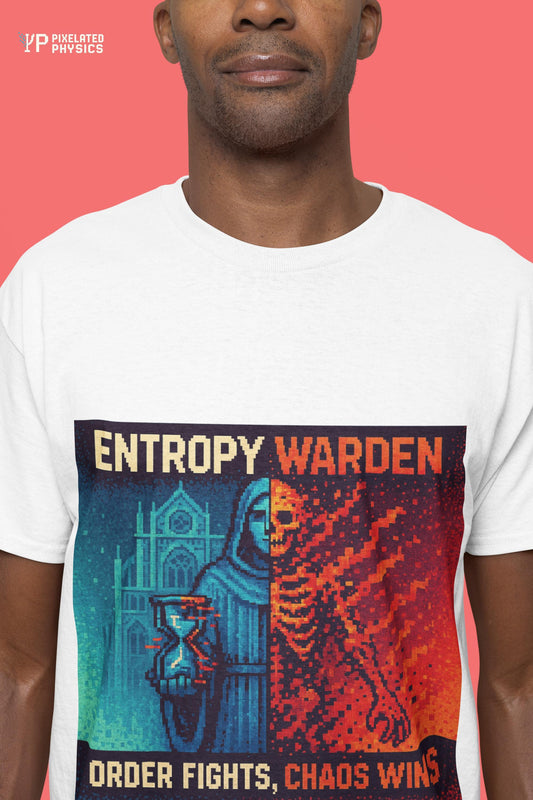 White Entropy Warden physics T-shirt, pixel-art second law of thermodynamics design, worn by a man