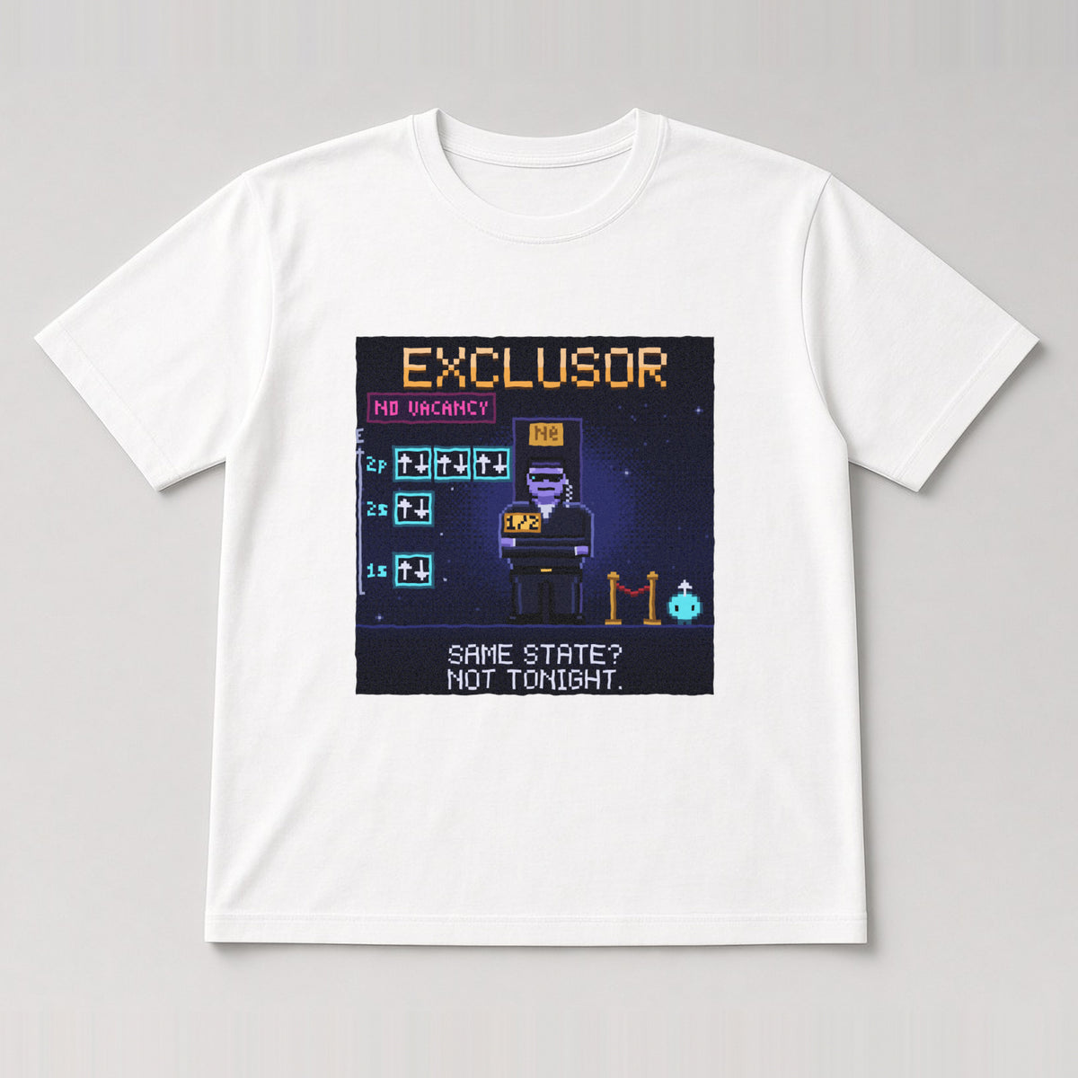 White Exclusor physics T-shirt, pixel-art Pauli exclusion principle design, front view