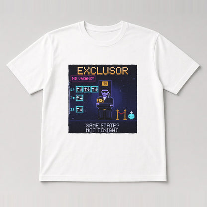 White Exclusor physics T-shirt, pixel-art Pauli exclusion principle design, front view