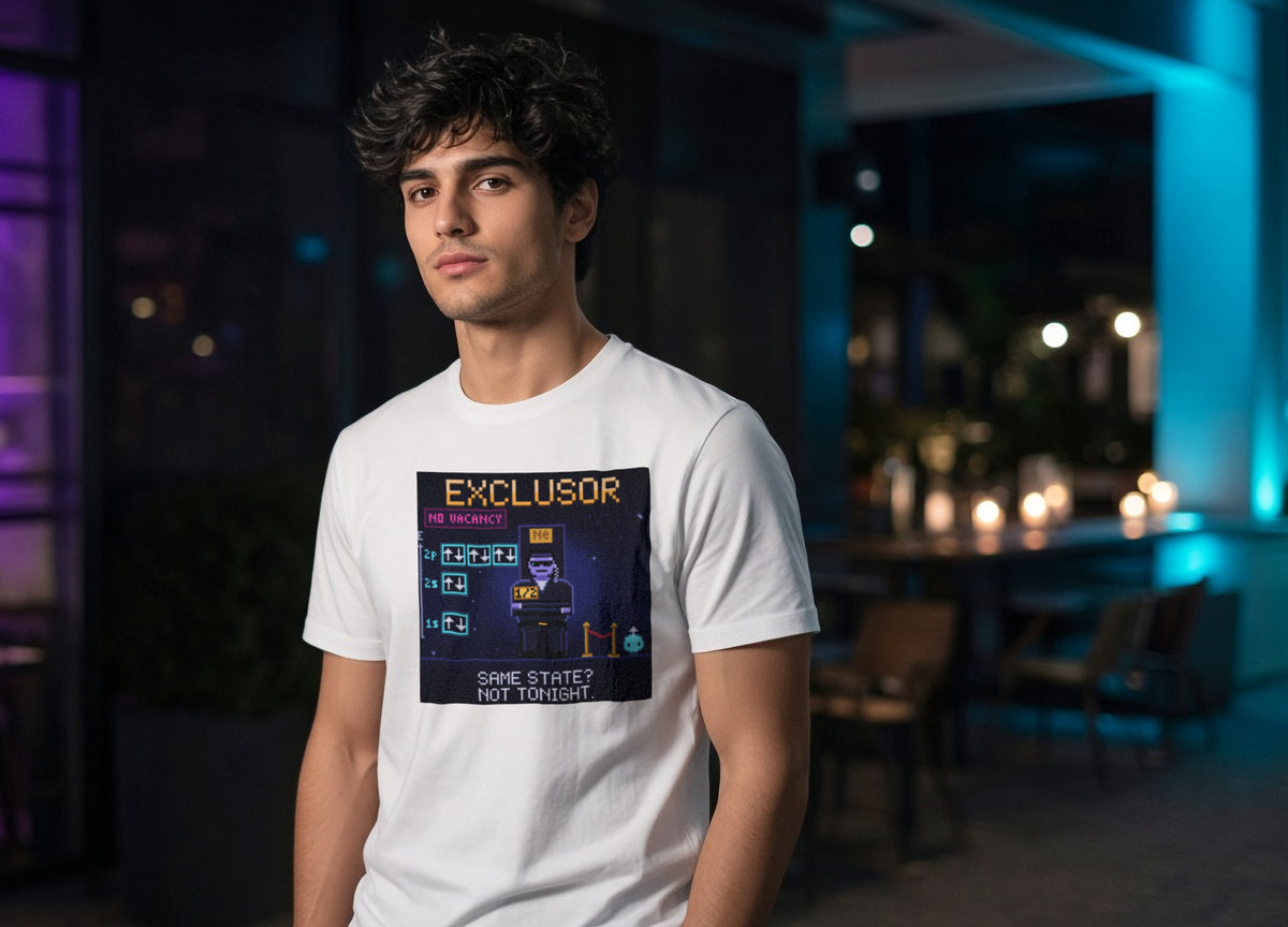 White Exclusor physics T-shirt, pixel-art Pauli exclusion principle design, worn by a man