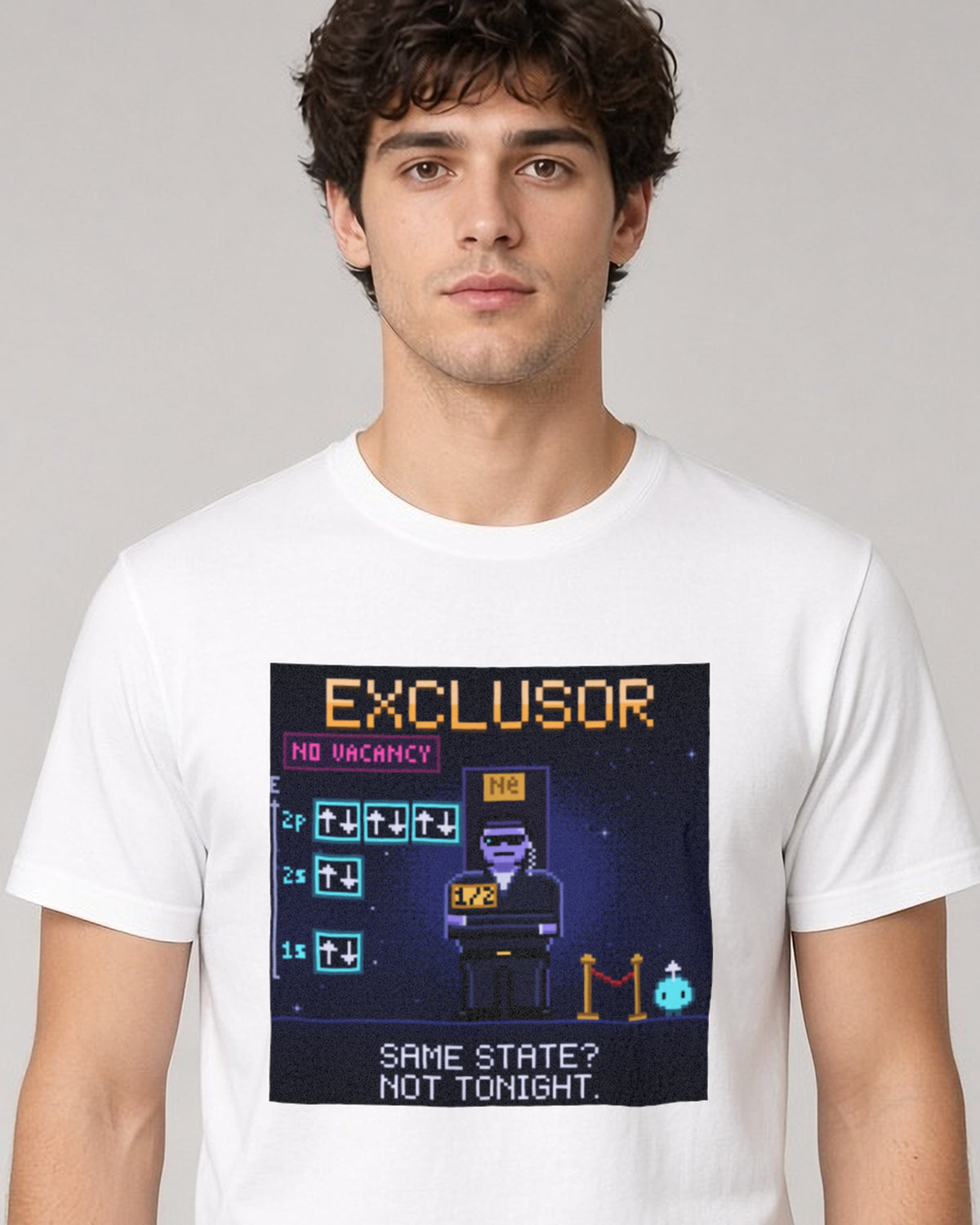 White Exclusor physics T-shirt, pixel-art Pauli exclusion principle design, worn by a man