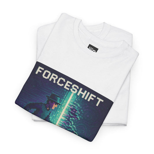 White ForceShift physics T-shirt, pixel-art quantum tunneling design, folded
