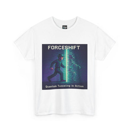 White ForceShift physics T-shirt, pixel-art quantum tunneling design, front view