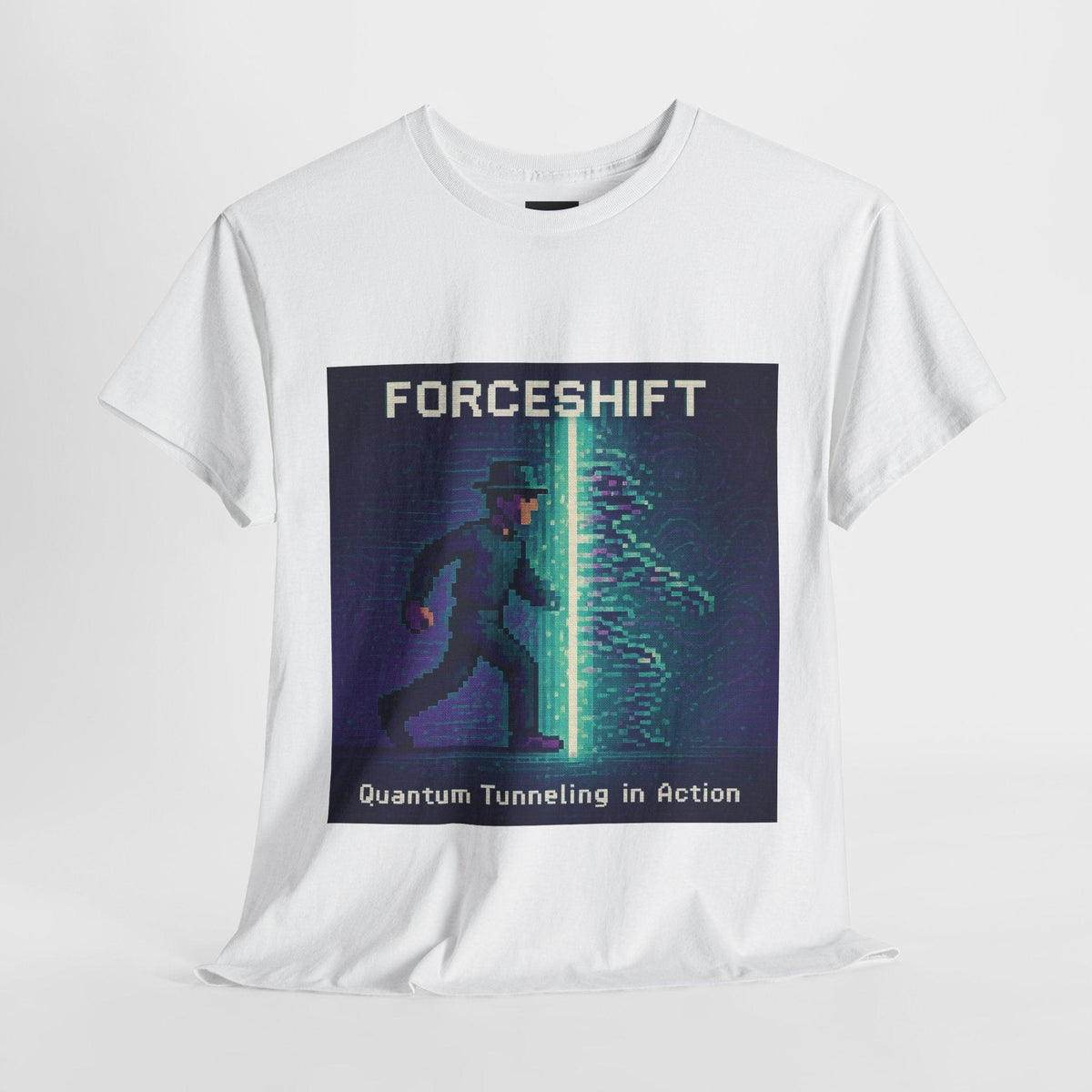 White ForceShift physics T-shirt, pixel-art quantum tunneling design, front view
