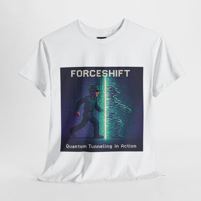 White ForceShift physics T-shirt, pixel-art quantum tunneling design, front view