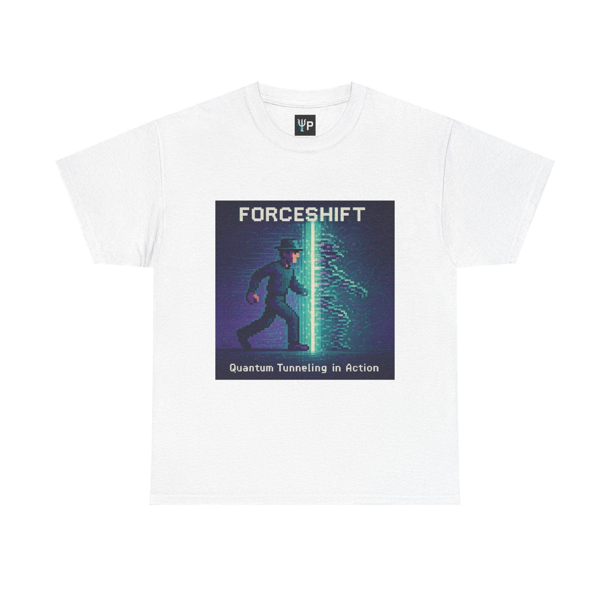 White ForceShift physics T-shirt, pixel-art quantum tunneling design, front view