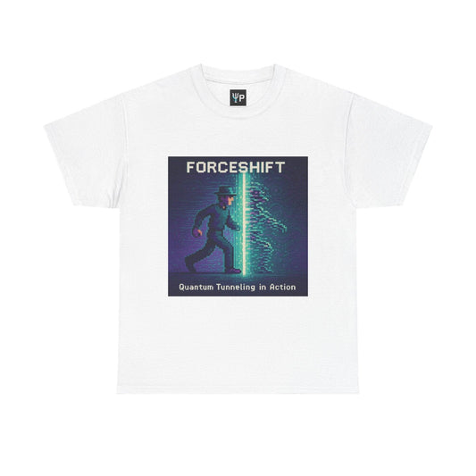 White ForceShift physics T-shirt, pixel-art quantum tunneling design, front view