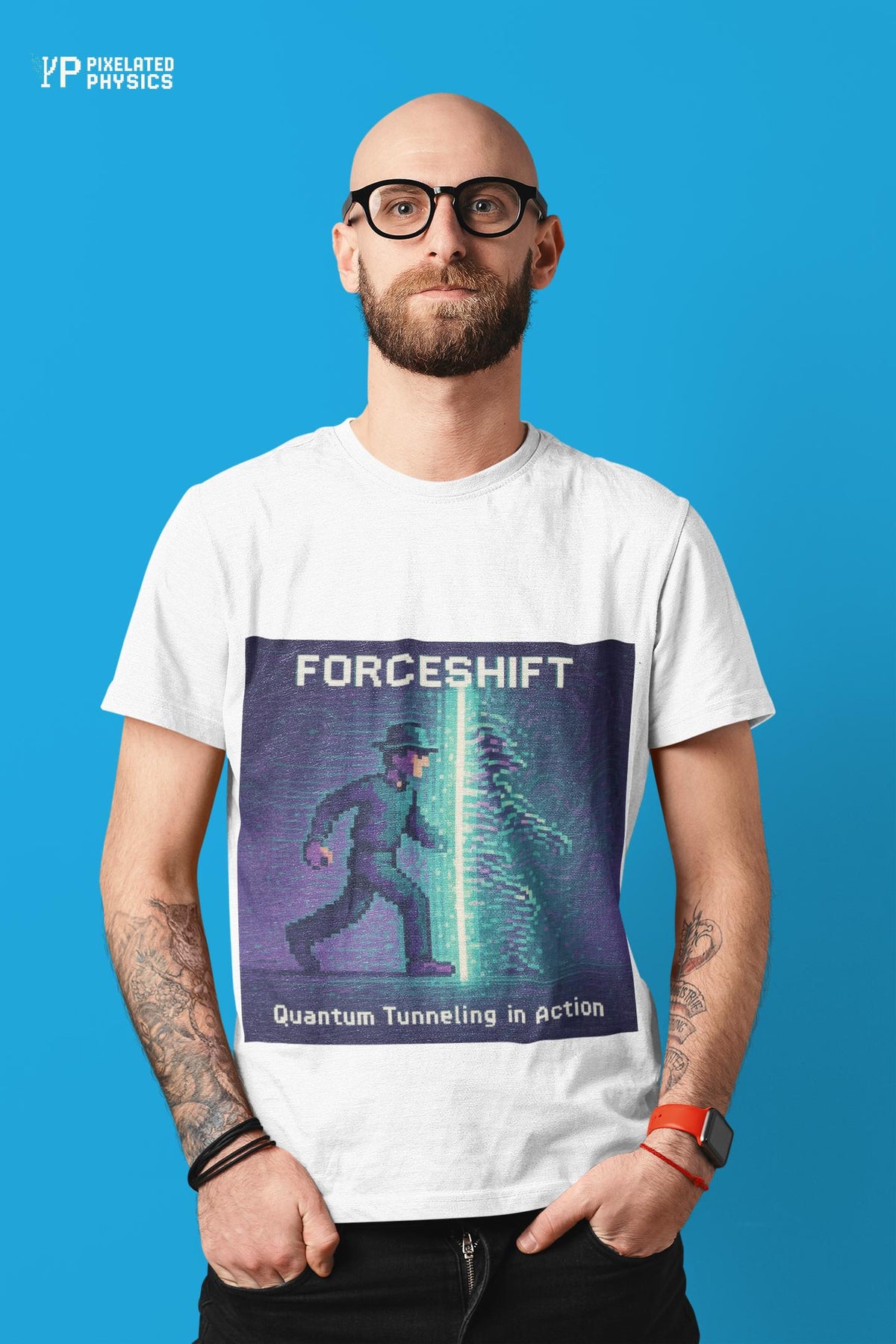 White ForceShift physics T-shirt, pixel-art quantum tunneling design, worn by a man
