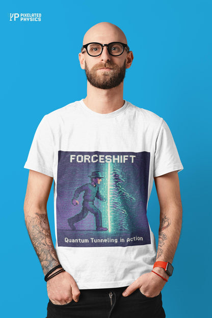 White ForceShift physics T-shirt, pixel-art quantum tunneling design, worn by a man