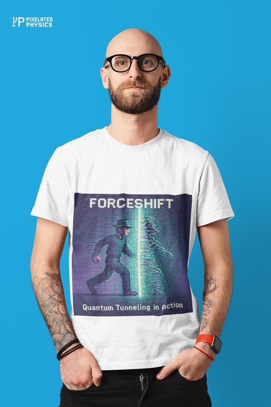 White ForceShift physics T-shirt, pixel-art quantum tunneling design, worn by a man