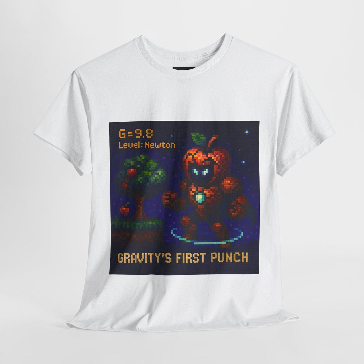 White Gravity's First Punch physics T-shirt, pixel-art Newton’s law of gravitation design, front view