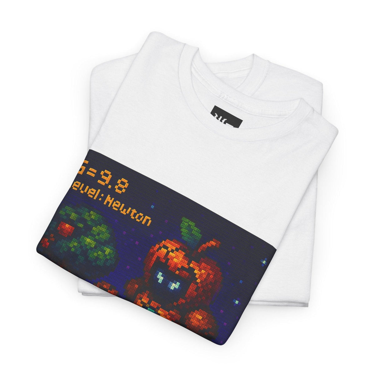 White Gravity's First Punch physics T-shirt, pixel-art Newton’s law of gravitation design, folded