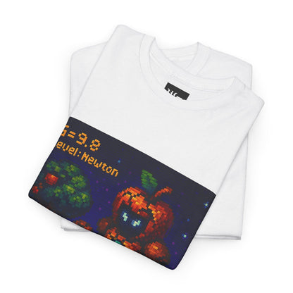 White Gravity's First Punch physics T-shirt, pixel-art Newton’s law of gravitation design, folded