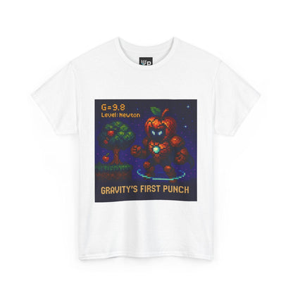 White Gravity's First Punch physics T-shirt, pixel-art Newton’s law of gravitation design, front view