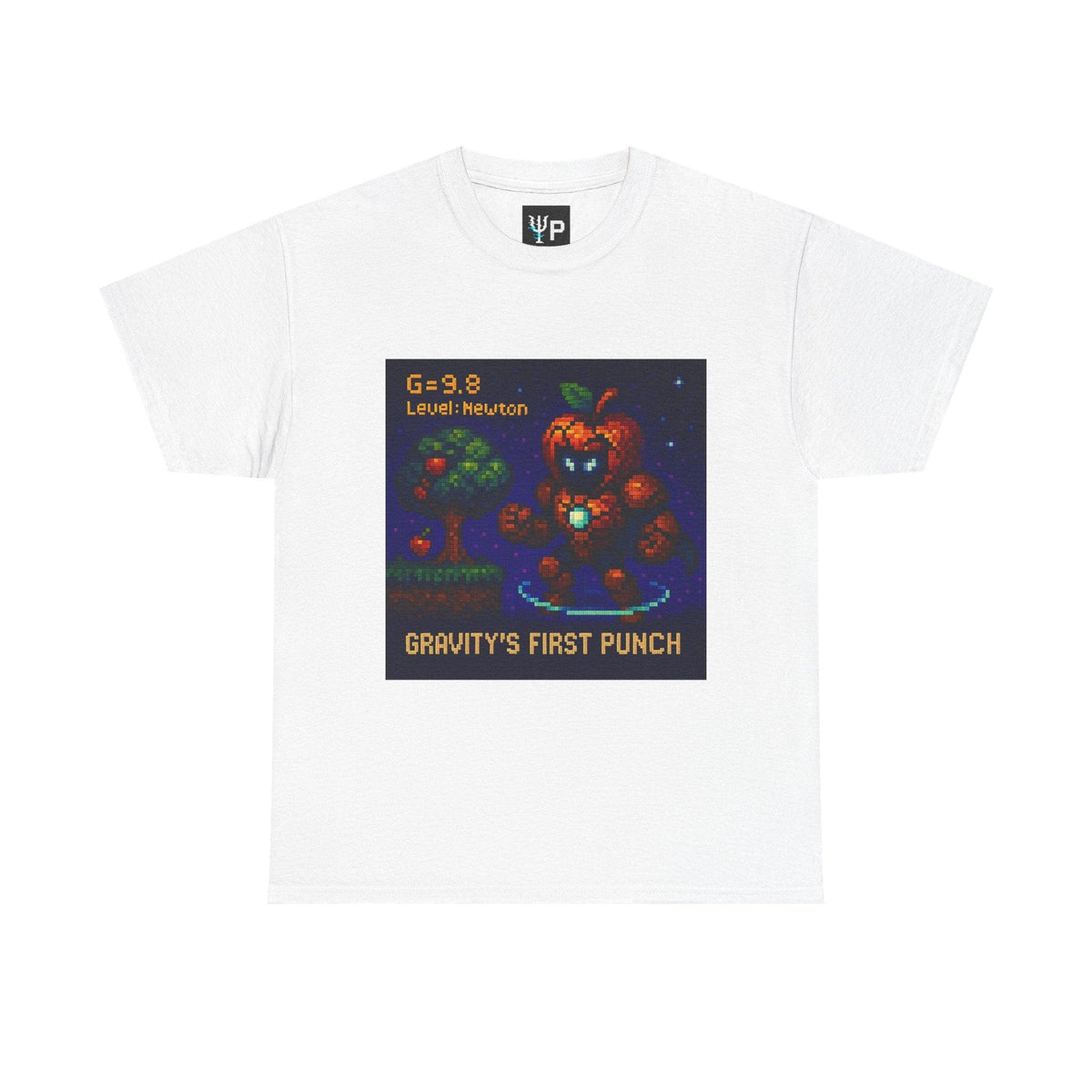 White Gravity's First Punch physics T-shirt, pixel-art Newton’s law of gravitation design, front view