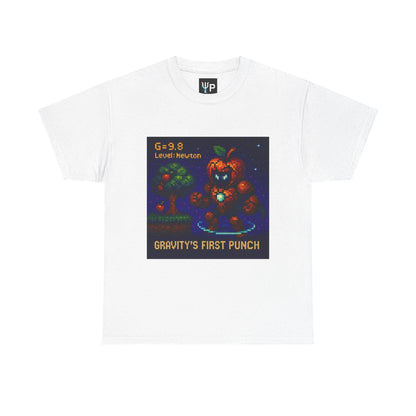 White Gravity's First Punch physics T-shirt, pixel-art Newton’s law of gravitation design, front view