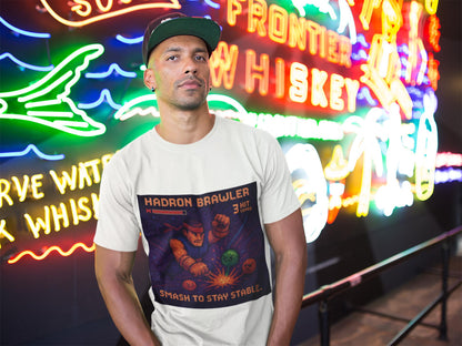 White Hadron Brawler physics T-shirt, pixel-art strong force, quark confinement design, worn by a man