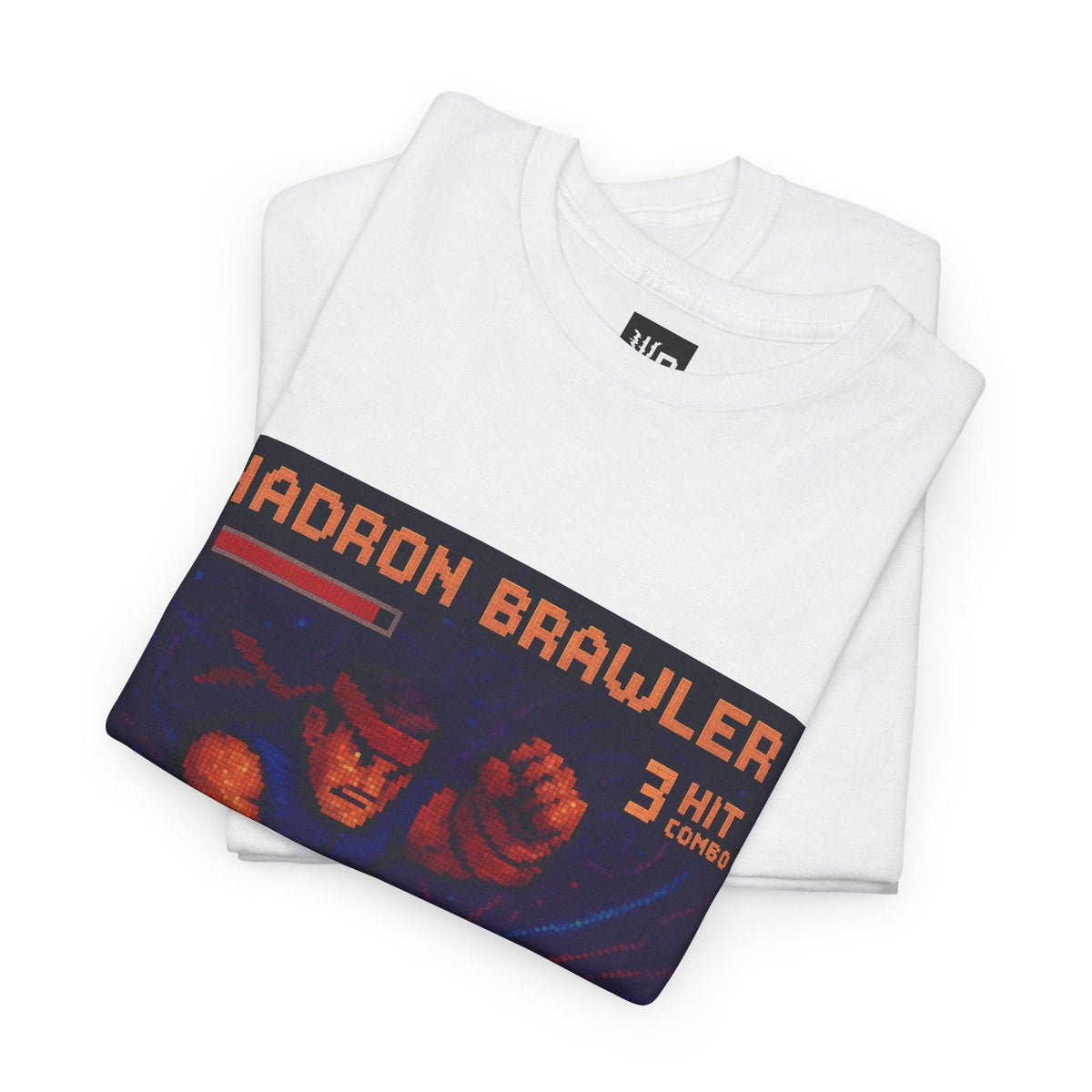 White Hadron Brawler physics T-shirt, pixel-art strong force, quark confinement design, folded