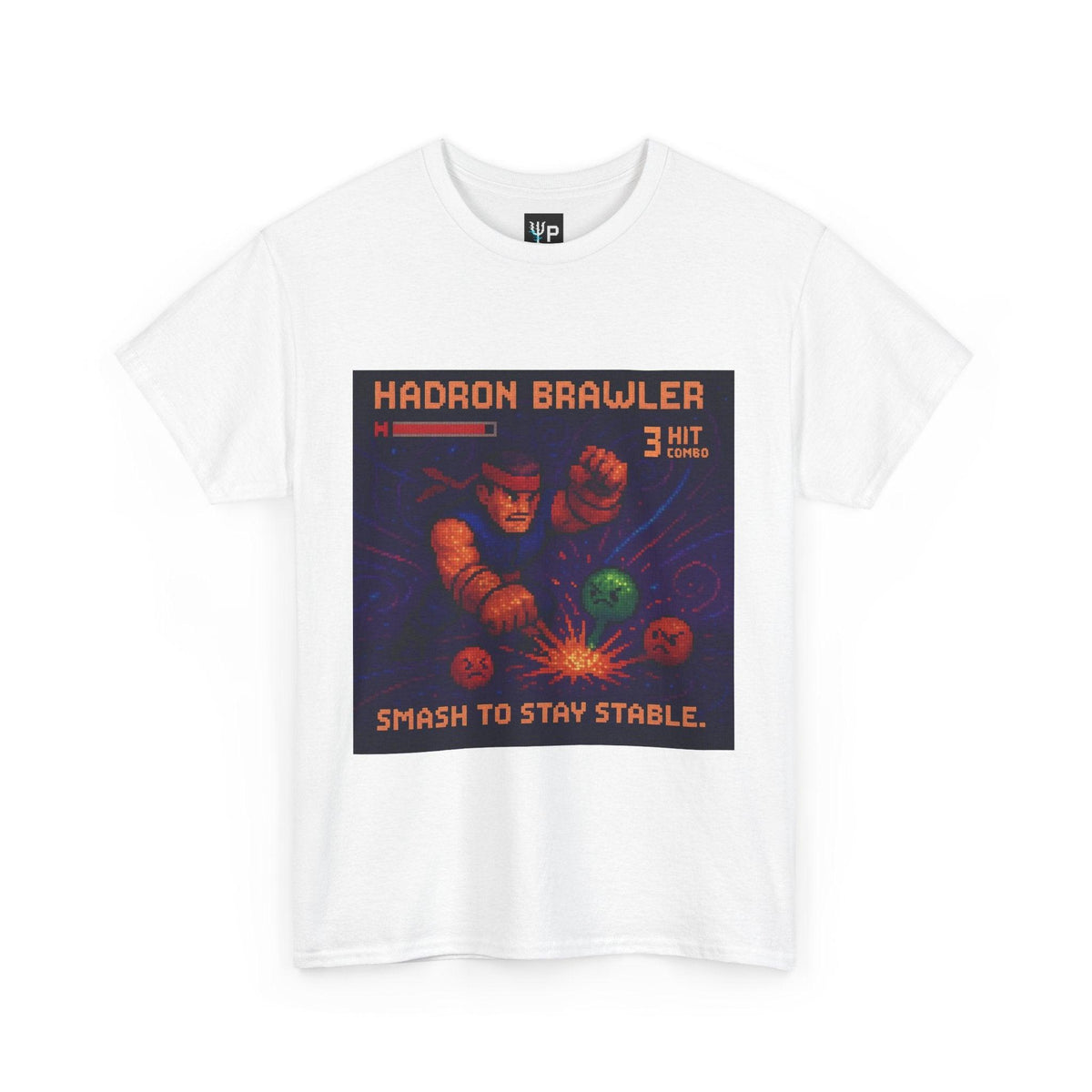 White Hadron Brawler physics T-shirt, pixel-art strong force, quark confinement design, front view