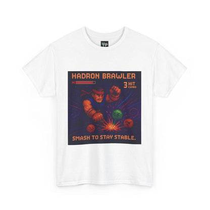 White Hadron Brawler physics T-shirt, pixel-art strong force, quark confinement design, front view