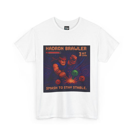 White Hadron Brawler physics T-shirt, pixel-art strong force, quark confinement design, front view