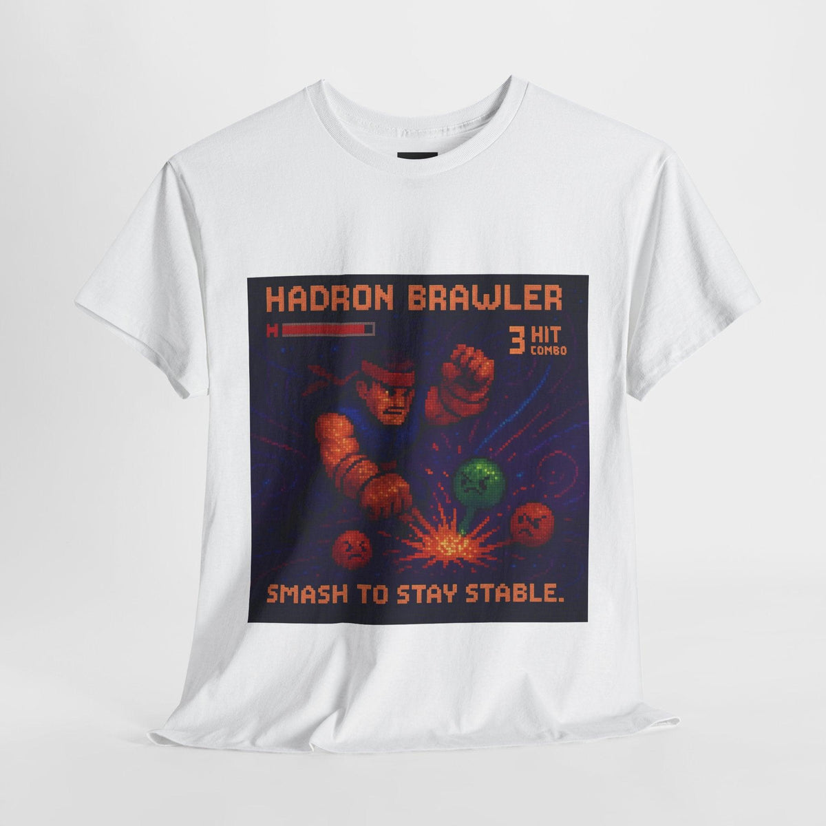 White Hadron Brawler physics T-shirt, pixel-art strong force, quark confinement design, front view