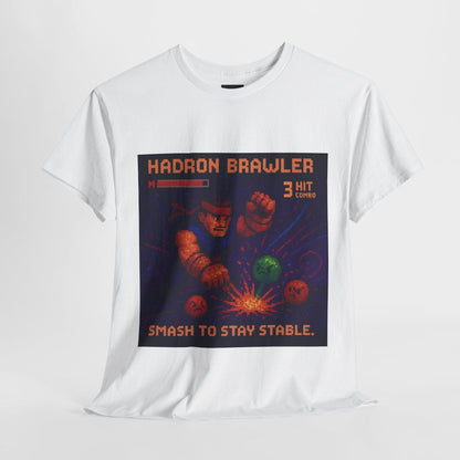 White Hadron Brawler physics T-shirt, pixel-art strong force, quark confinement design, front view