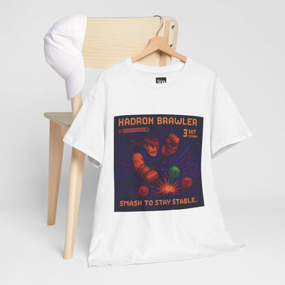 White Hadron Brawler physics T-shirt, pixel-art strong force, quark confinement design, hanging on a chair