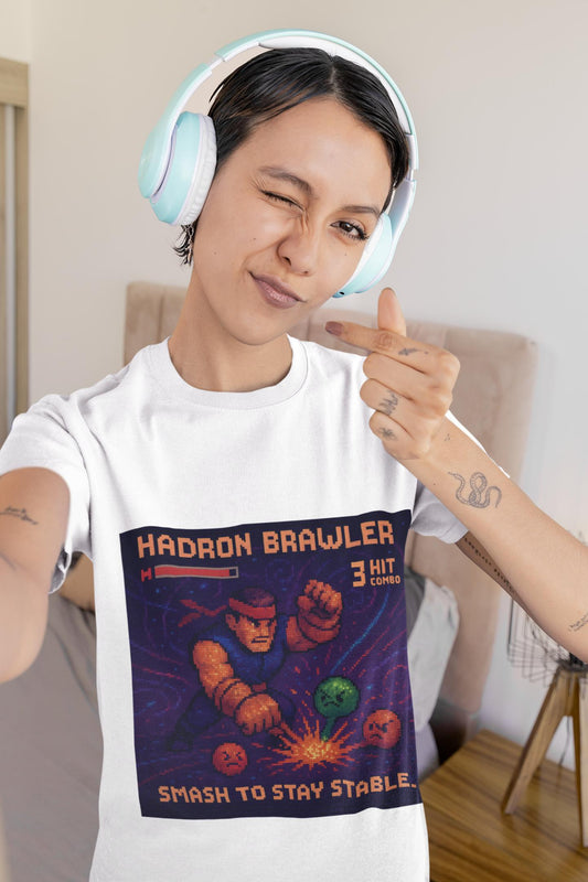 White Hadron Brawler physics T-shirt, pixel-art strong force, quark confinement design, worn by a woman
