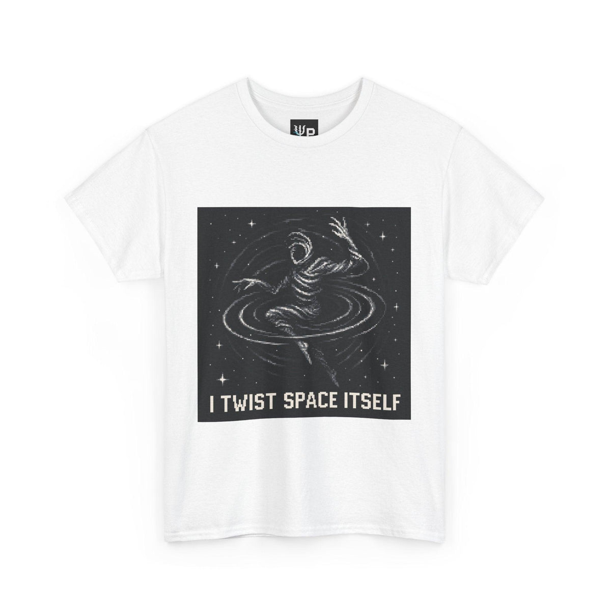 White I Twist Space Itself physics T-shirt, pixel-art gravitational lensing design, front view