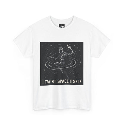 White I Twist Space Itself physics T-shirt, pixel-art gravitational lensing design, front view