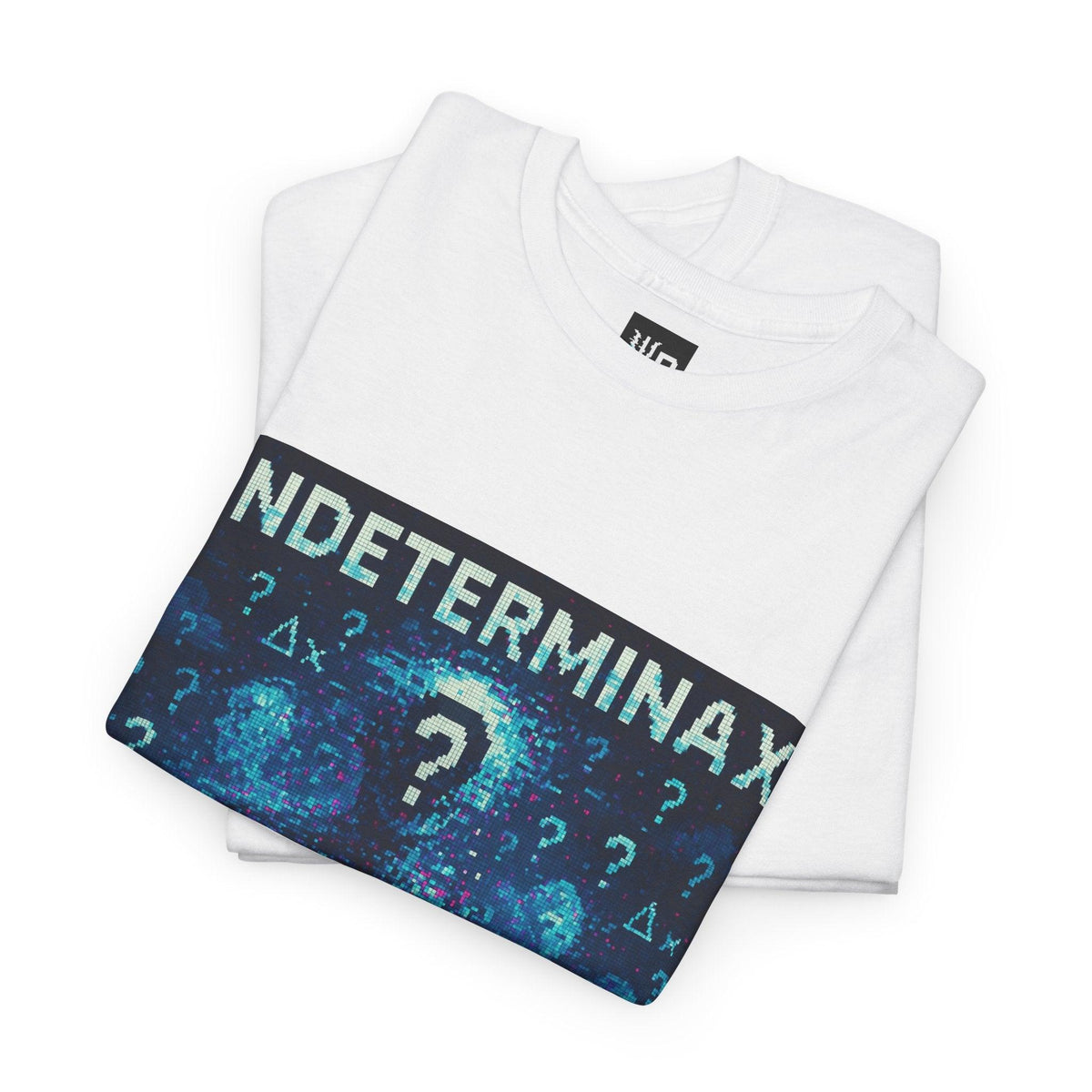 White Indeterminax physics T-shirt, pixel-art uncertainty principle design, folded