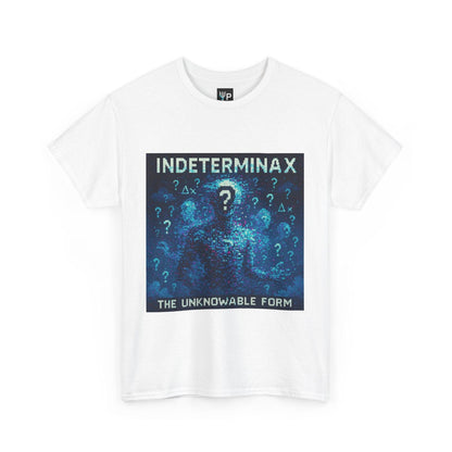 White Indeterminax physics T-shirt, pixel-art uncertainty principle design, front view