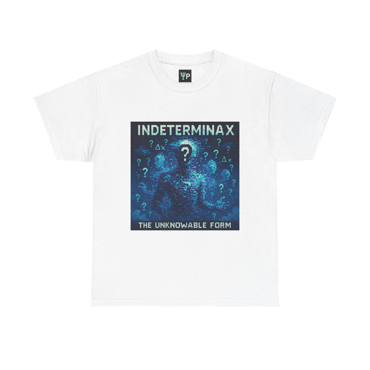 White Indeterminax physics T-shirt, pixel-art uncertainty principle design, front view