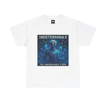 White Indeterminax physics T-shirt, pixel-art uncertainty principle design, front view