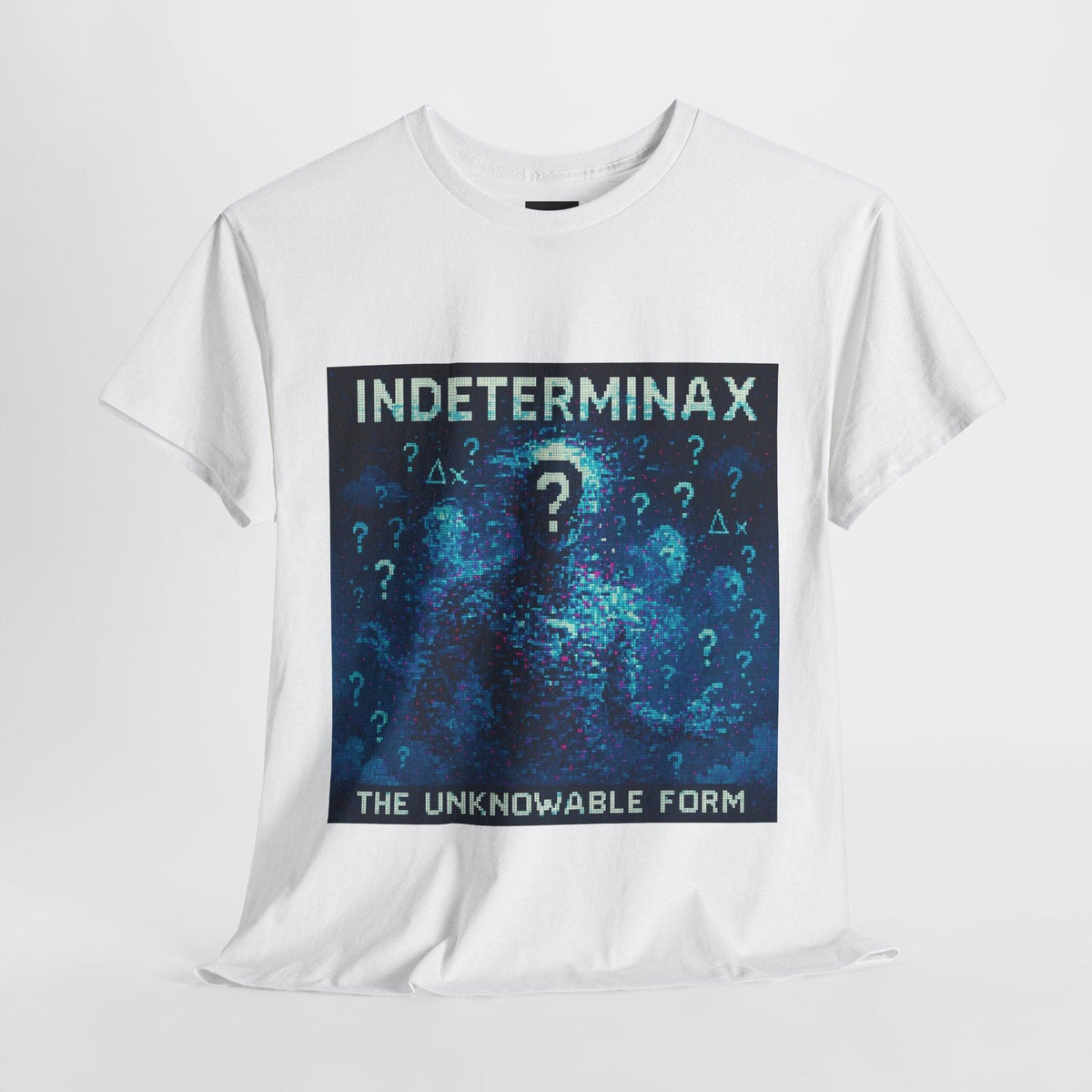 White Indeterminax physics T-shirt, pixel-art uncertainty principle design, front view