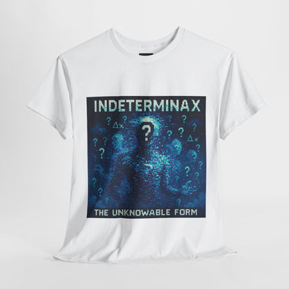 White Indeterminax physics T-shirt, pixel-art uncertainty principle design, front view