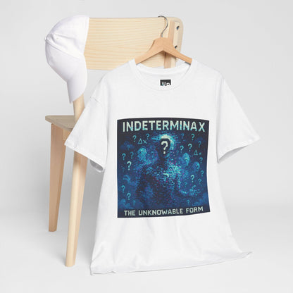 White Indeterminax physics T-shirt, pixel-art uncertainty principle design, hanging on a chair