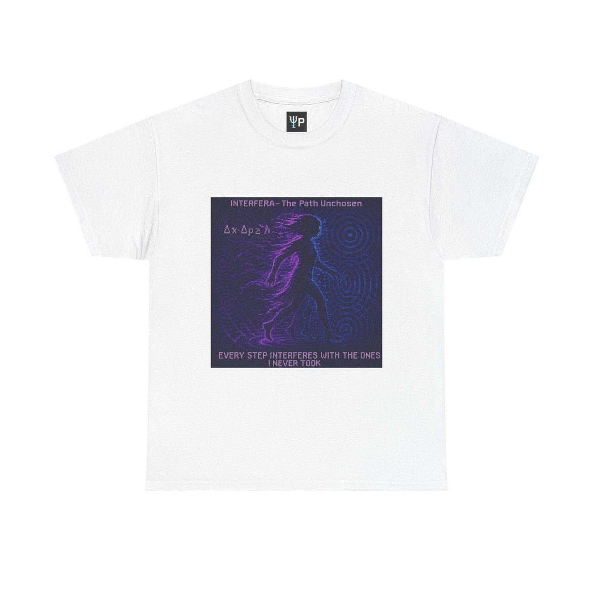 White Interfera physics T-shirt, pixel-art quantum interference design, front view