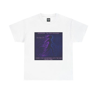 White Interfera physics T-shirt, pixel-art quantum interference design, front view