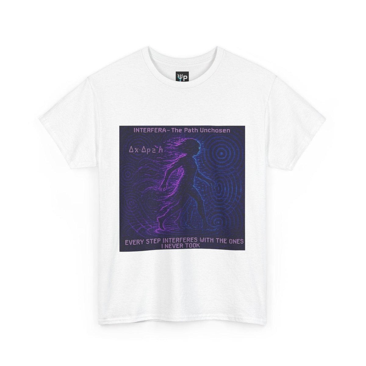 White Interfera physics T-shirt, pixel-art quantum interference design, front view