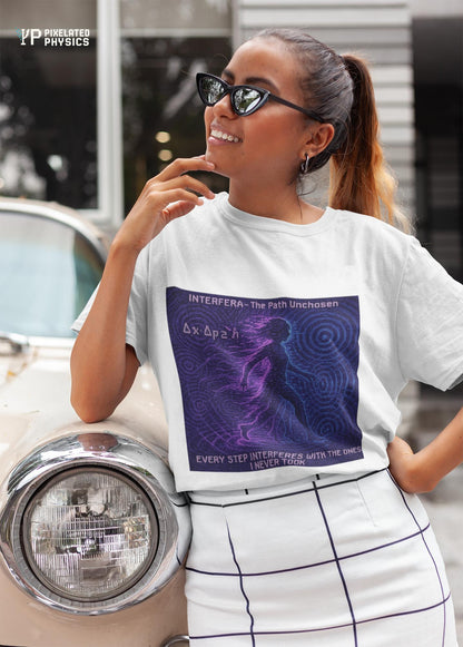 White Interfera physics T-shirt, pixel-art quantum interference design, worn by a woman