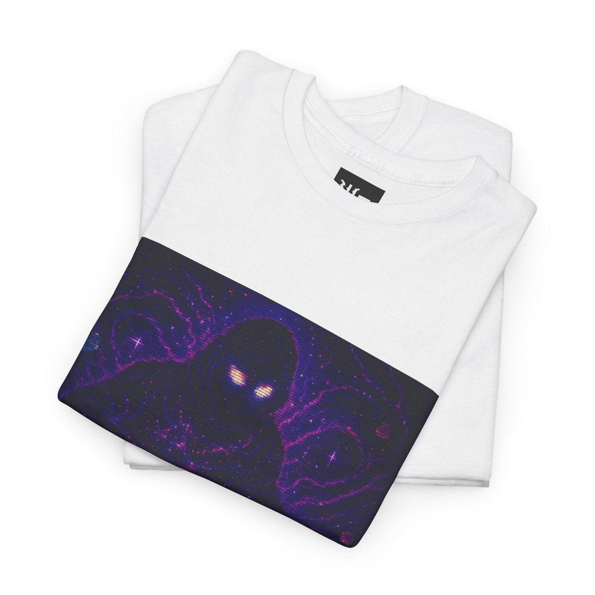 White The Lurker physics T-shirt, pixel-art general relativity design, folded