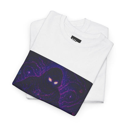 White The Lurker physics T-shirt, pixel-art general relativity design, folded